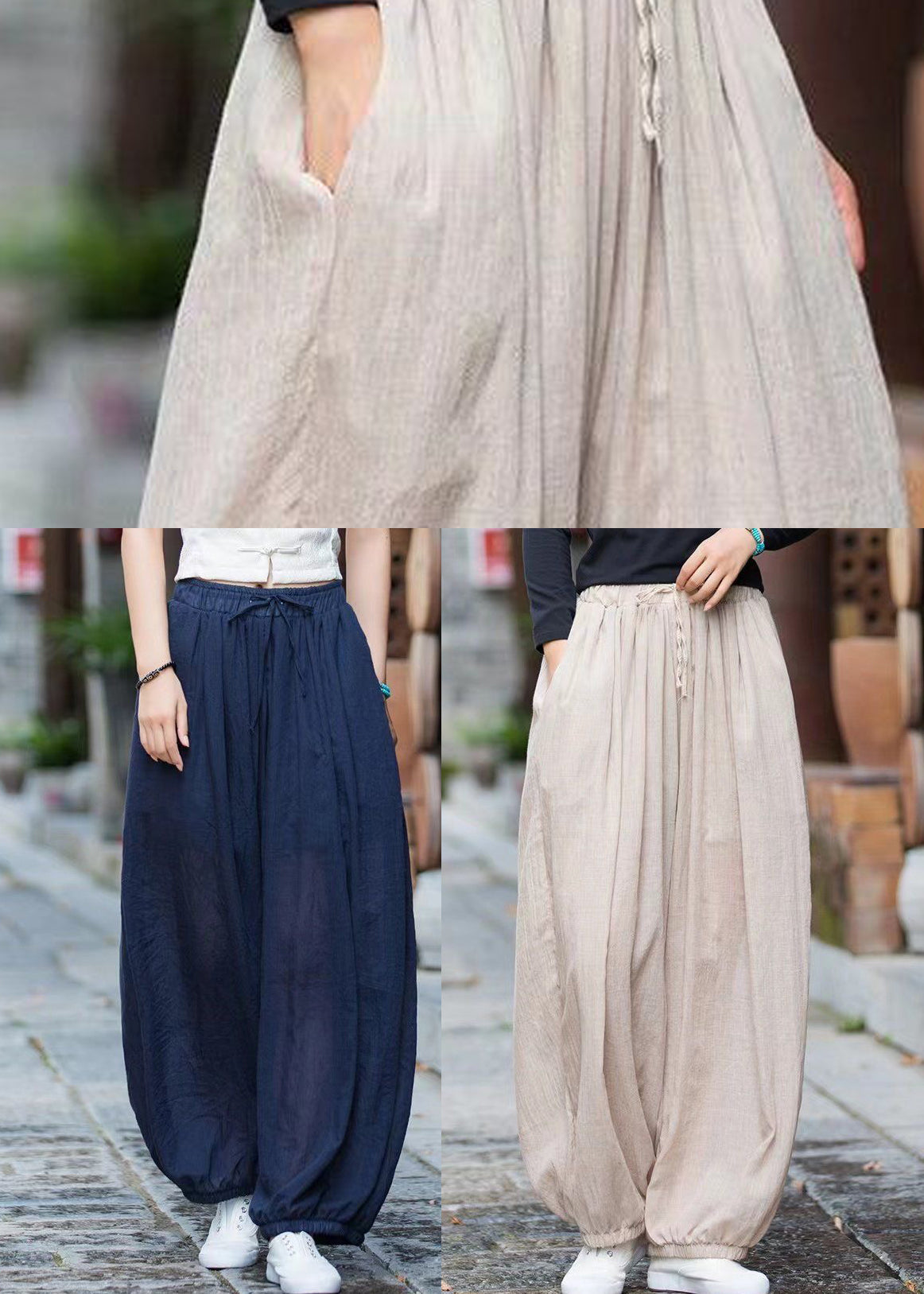 Leinentaschen Baumwollhose Elastische Taille Cinched Sommer QK014