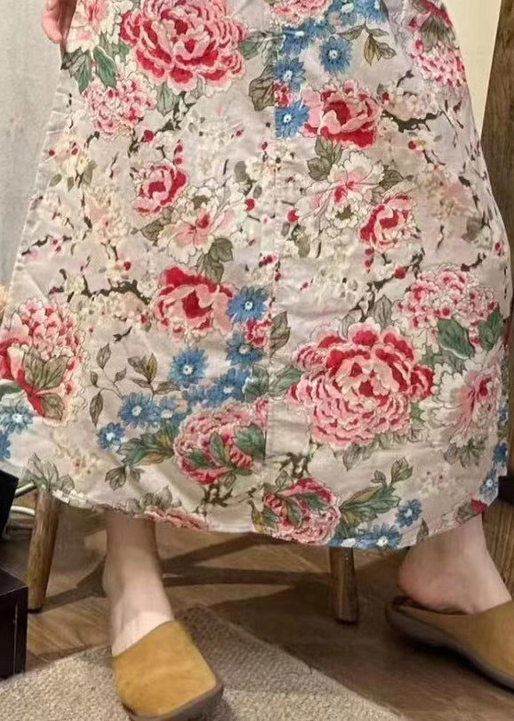 Lockerer Apricot-Print-Taschen Elastischer Bund Baumwollrock Sommer JH017