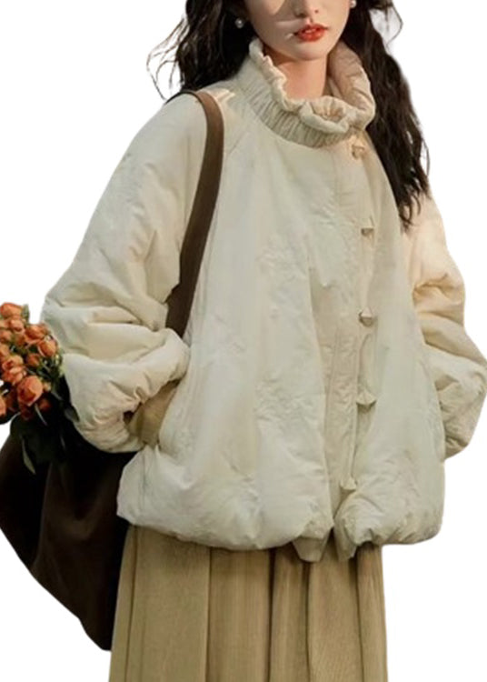 Loose Beige Ruffled Pockets Fine Cotton Filled Coat Lantern Sleeve YZ023