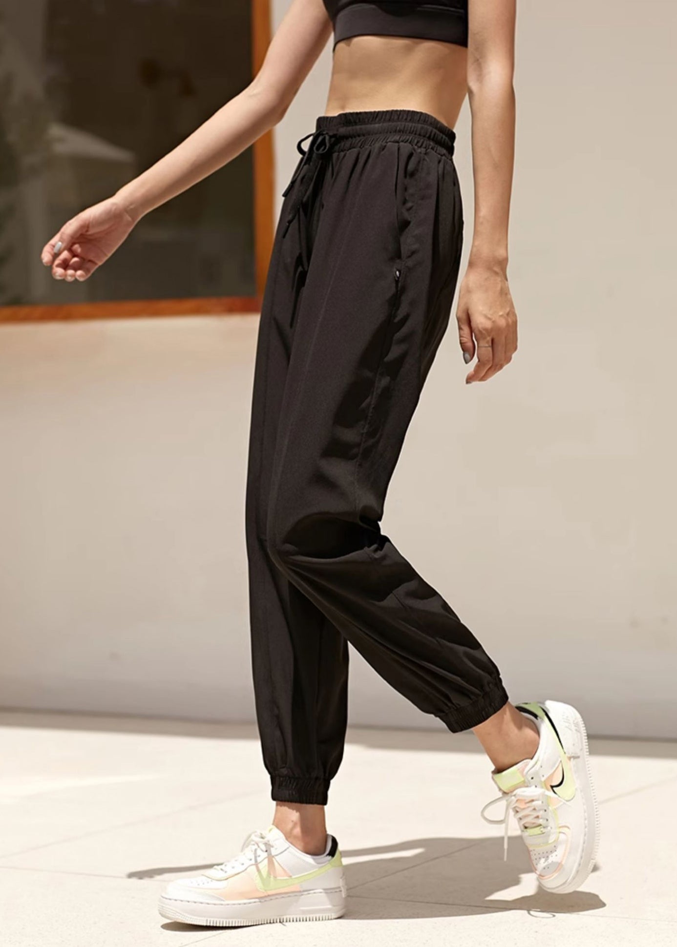 Loose Pants Tie Waist Elastic Yoga Lantern Black