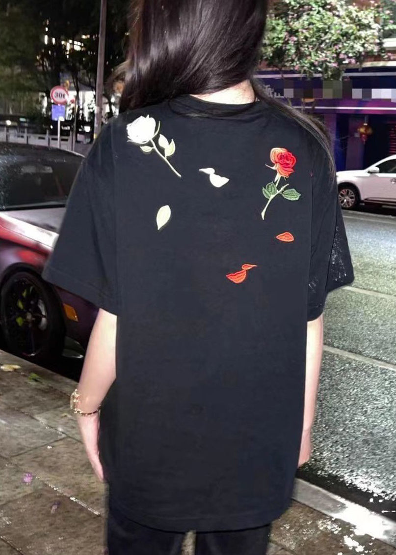 T-shirt ample à manches courtes en coton uni brodé à col rond pour homme LK046