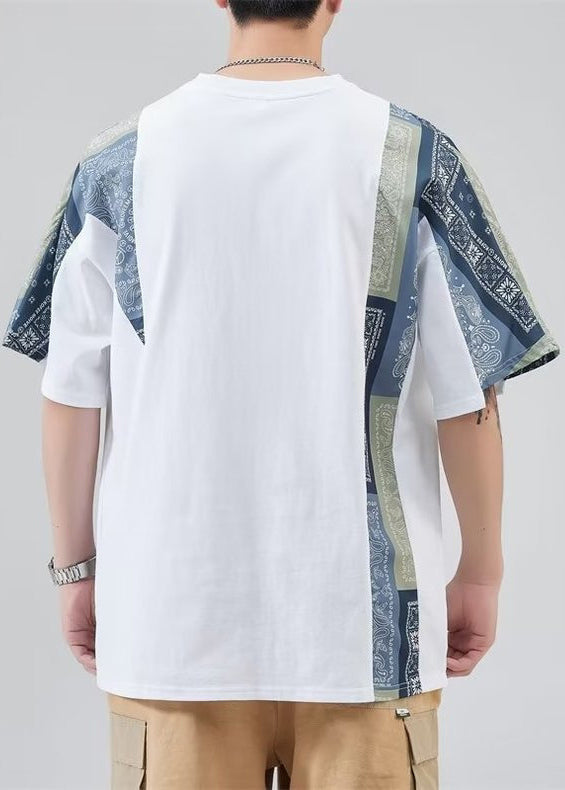 Black Shirt Mens Loose O Neck Summer Patchwork T Cotton