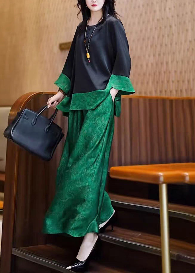 Tops Pieces Green Silk Black Two O Neck And Loose Patchwork Pants