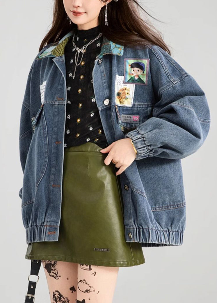 Coat Bow Patchwork Blue Button Denim Loose Spring