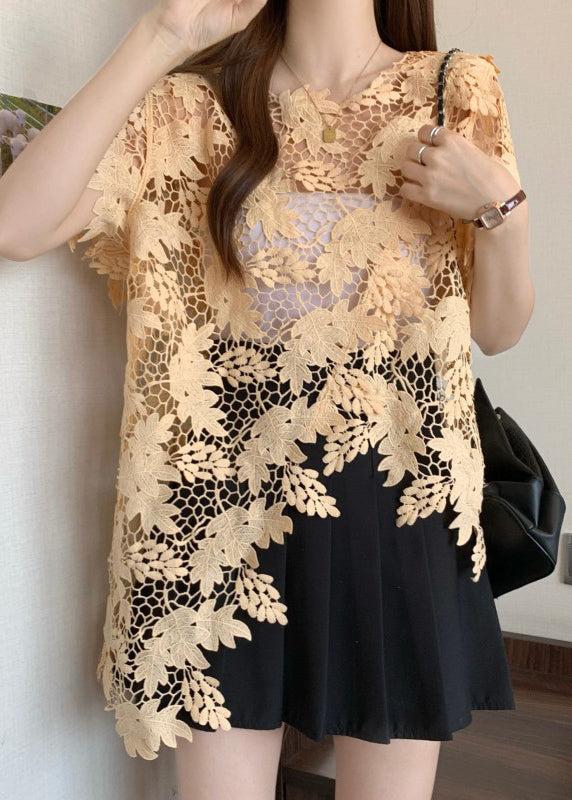 Caramel Sleeve Lace Asymmetrical O-Neck Top Short Loose