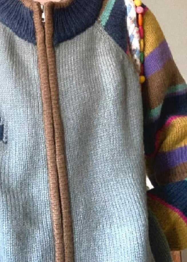 Loose Colorblock Zip Up Pockets Print Patchwork Knit Coat Spring TN045