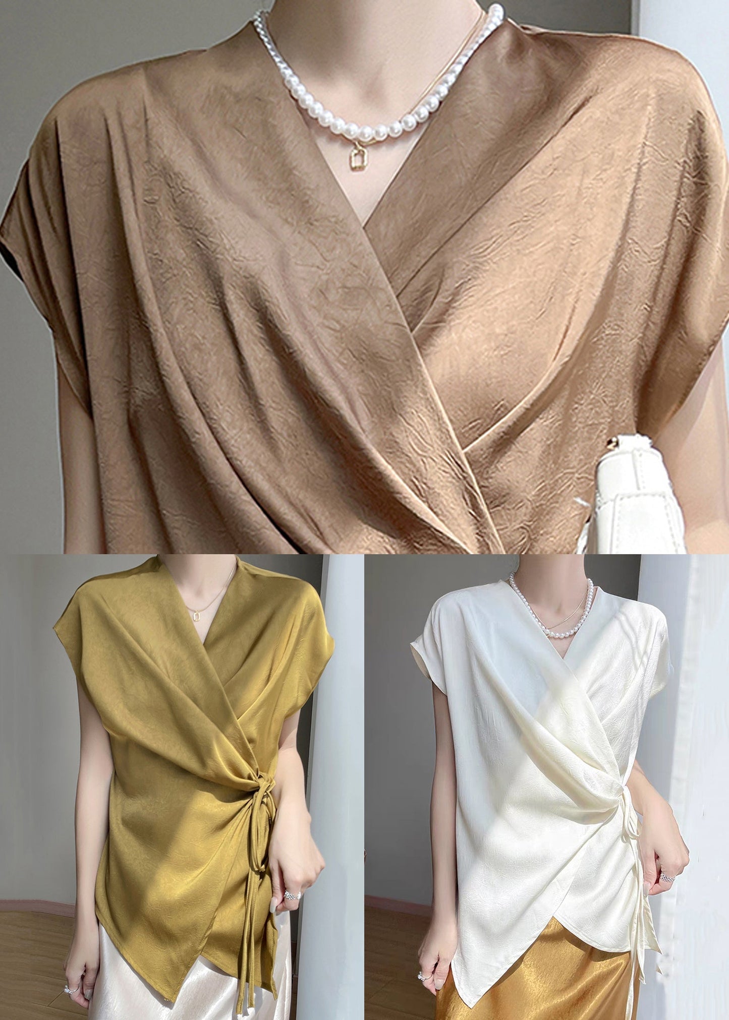 Loose Summer Lace V Up Silk Neck Gold Shirts