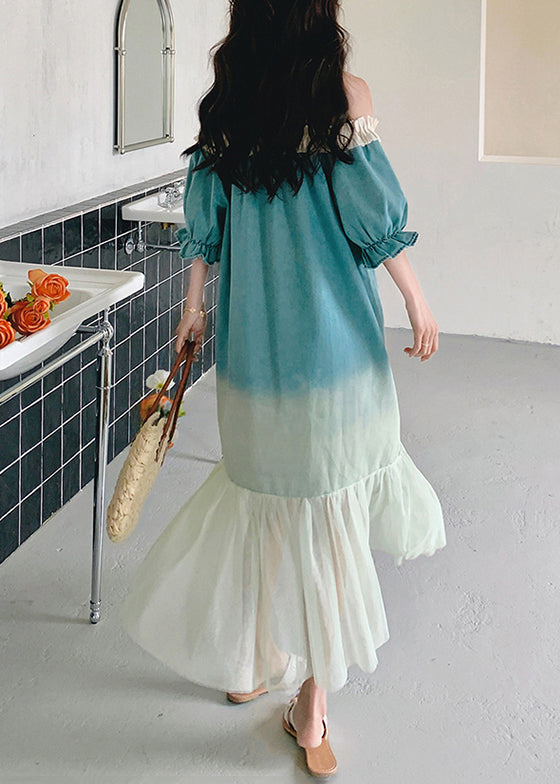 Loose Long Ruffled Gradient Patchwork Dresses Color Tulle