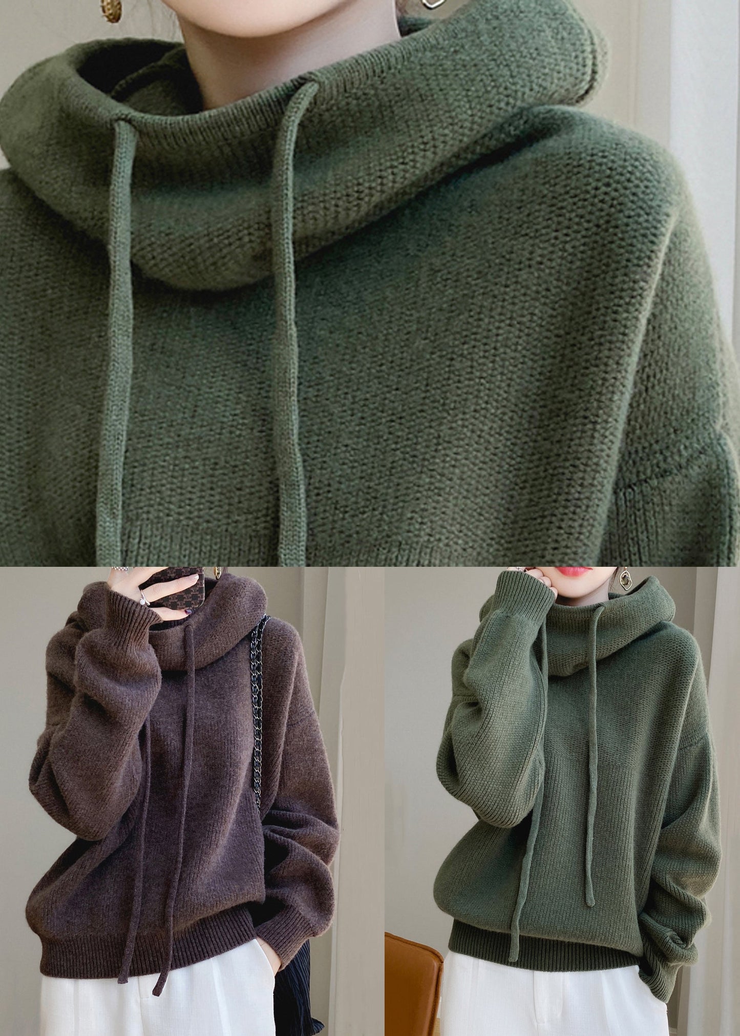 Wool Sweaters Up Spring Hooded Green Loose Knit Lace