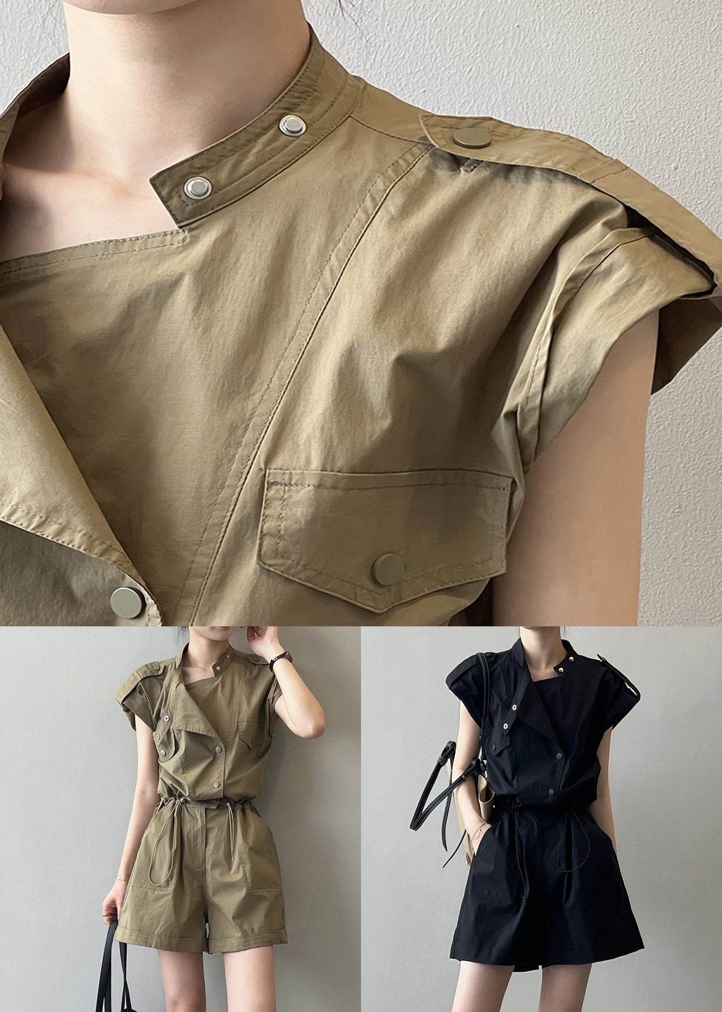 Lockerer grüner Leinen-Overall mit Taschen und Kordelzug für den Sommer QE033