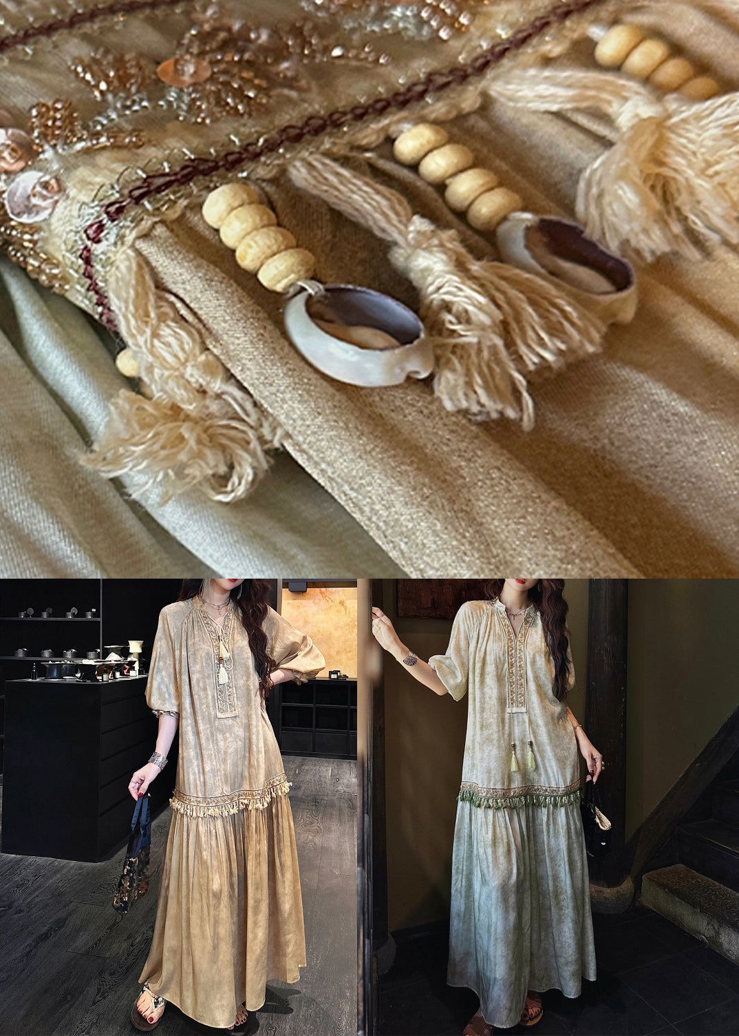 Dresses Tasseled Long Butterfly Sleeve Silk Green Loose