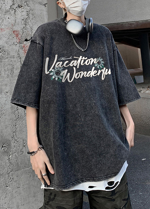 Neck Grey T Loose Print Cotton Summer O Men Shirt