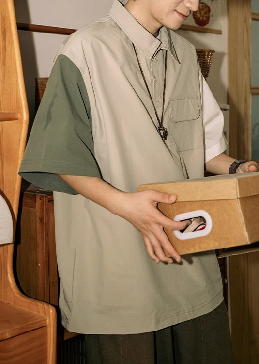 Loose Button Polo Asymmetrical Mens Cotton Patchwork Shirts Khaki