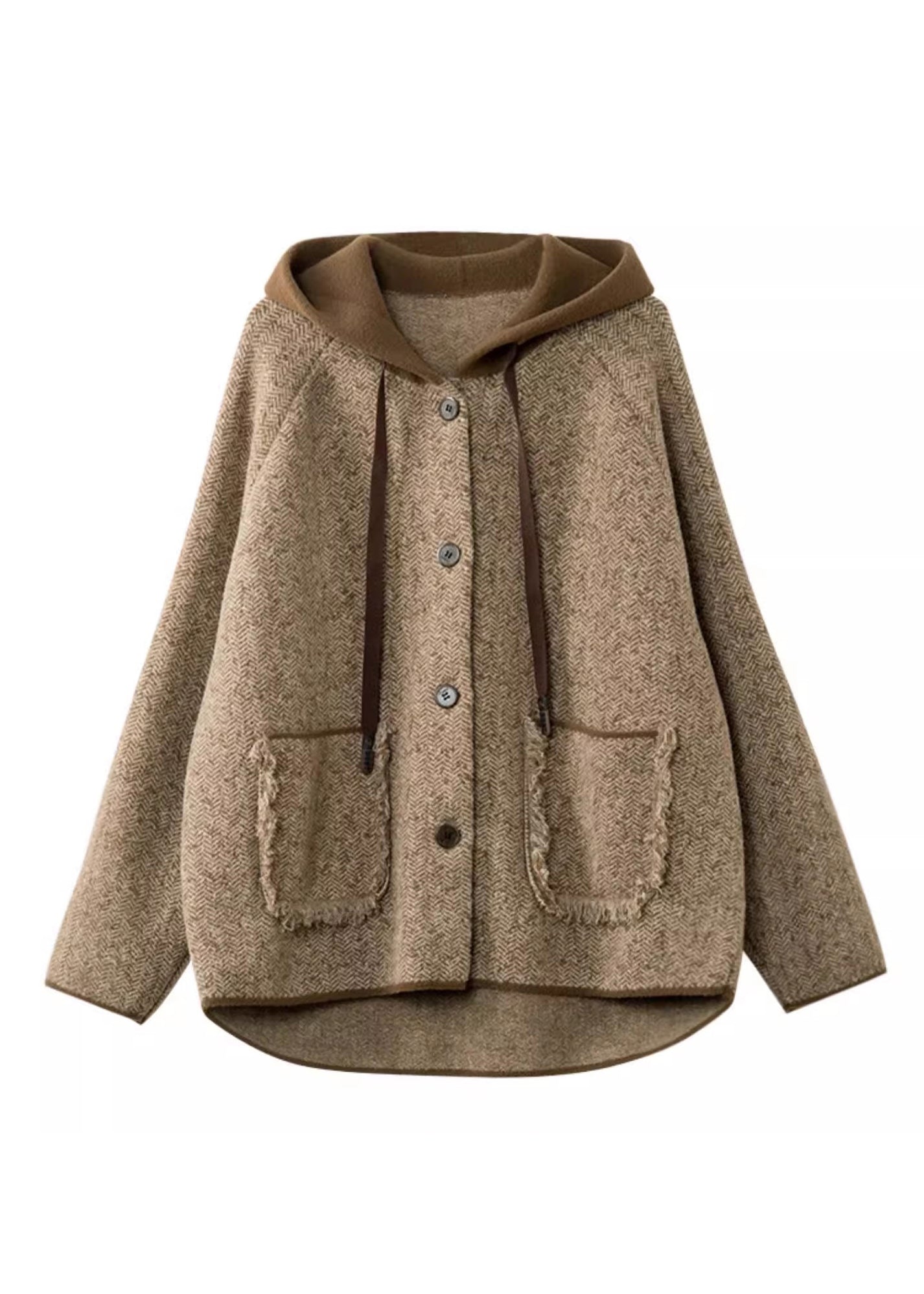Woolen Patchwork Pockets Hooded Coats Spring Button Loose Khaki