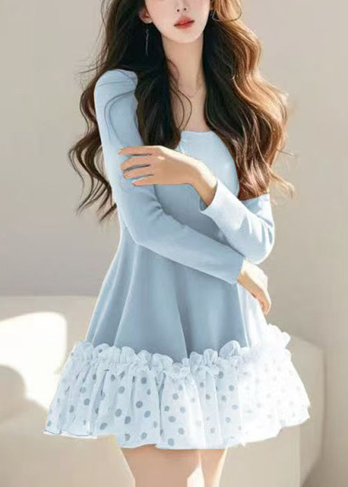 Khaki Ruffled Spring Dress Dot Tulle Mid Loose Patchwork