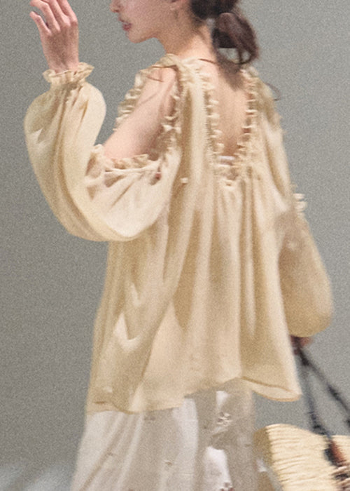 Khaki Loose Up Ruffled Chiffon Lace Shirts Fall