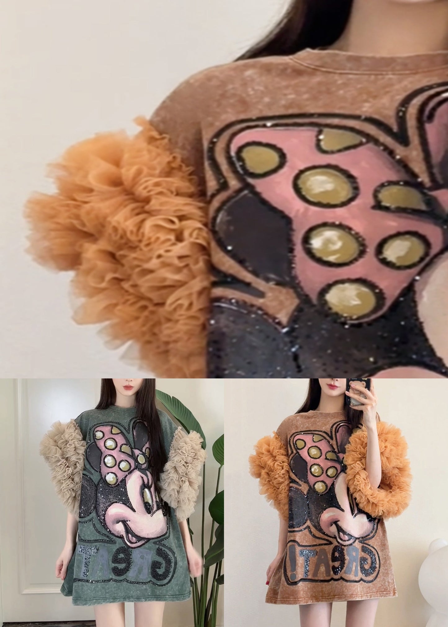 Dresses Shirts Ruffled Patchwork Summer Loose Tulle T Khaki