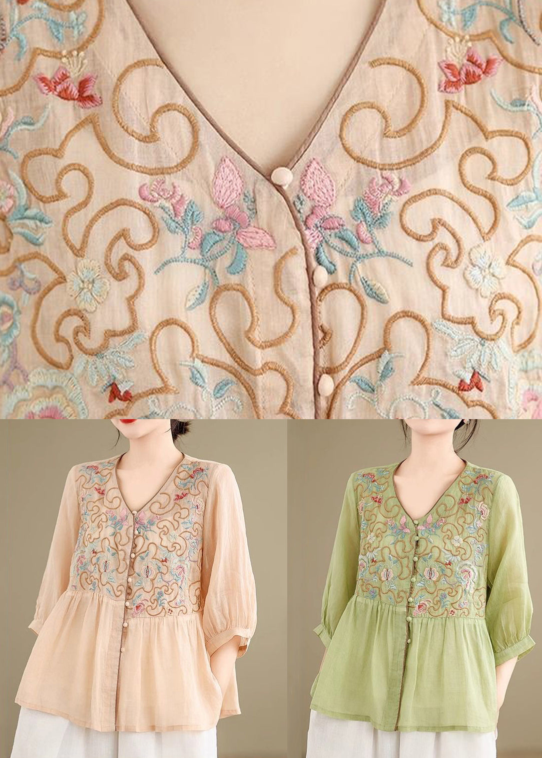 Linen Shirt Loose Khaki V Neck Fall Embroidered