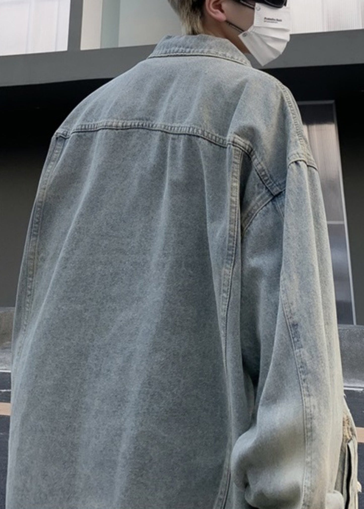 Mens Pan Hole Peter Coats Collar Light Loose Denim Blue Pockets