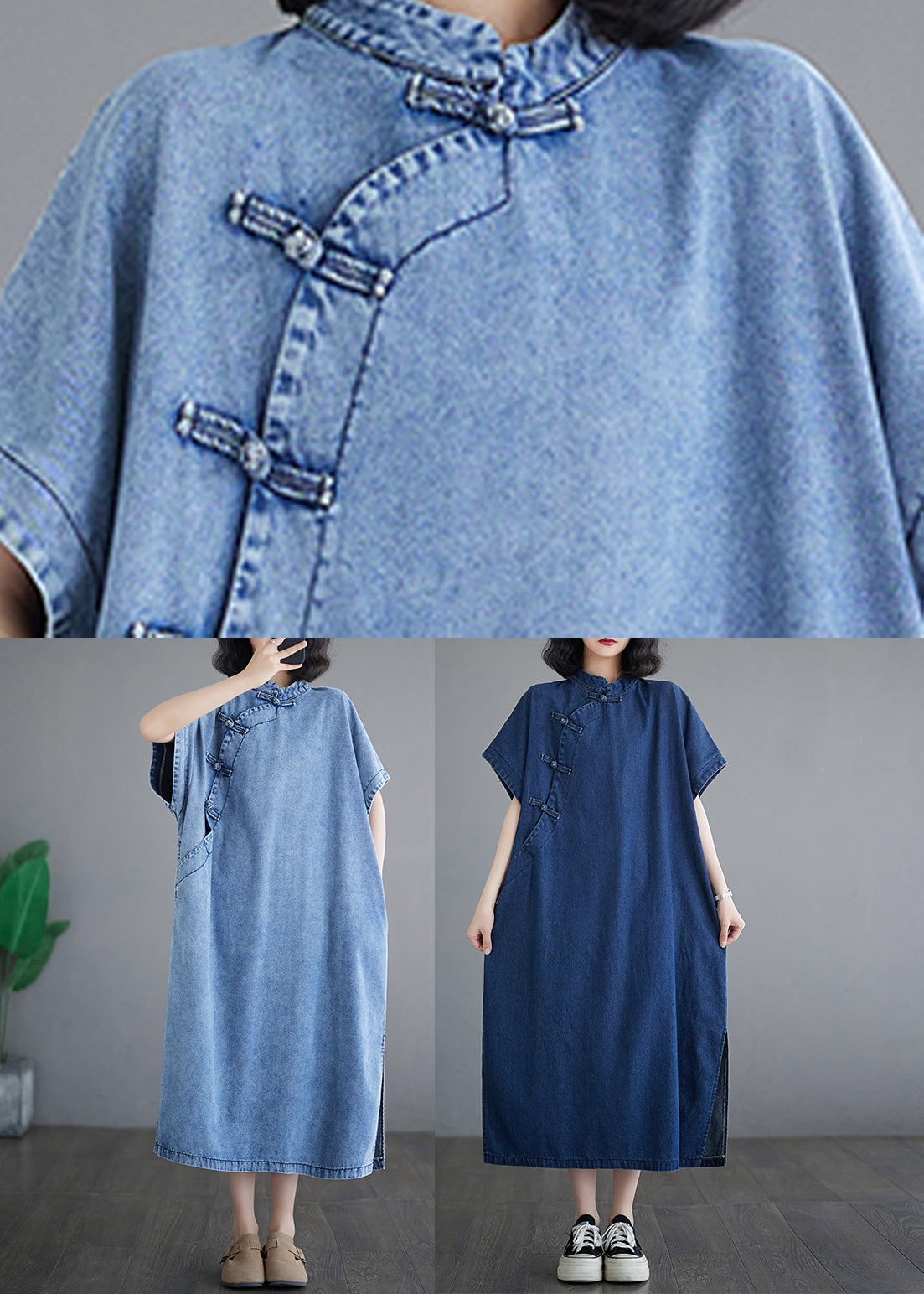 Dresses Denim Sleeve Loose Light Stand Maxi Collar Blue Short