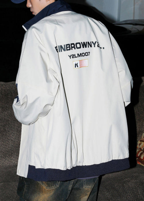 Letter Cotton Men Loose Coat Spring Striped Light Grey