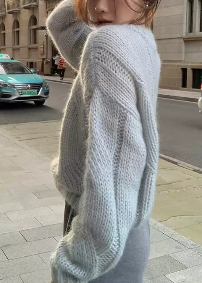Lockerer hellkhakifarbener O-Ausschnitt, ausgehöhlter Strickpullover, Winter, WQ044