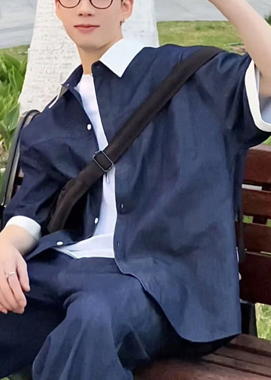 Loose Pan Patchwork Mens Collar Peter Summer Shirts Navy Denim