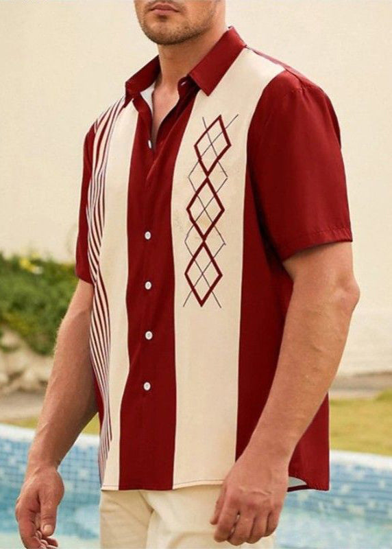 Patchwork Navy Striped Men Loose Cotton Shirts Summer