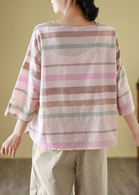 Linen Loose T Striped Cozy Neck Shirt Sleeve Bracelet O