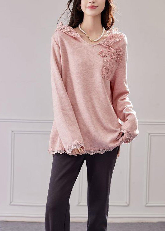 Hooded Knit Patchwork Shirt Tops Loose Pink Lace Spring
