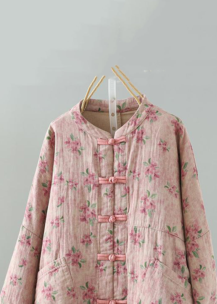 Lockerer rosa Parka mit Drucktaschen und Baumwollfüllung für den Winter QO012