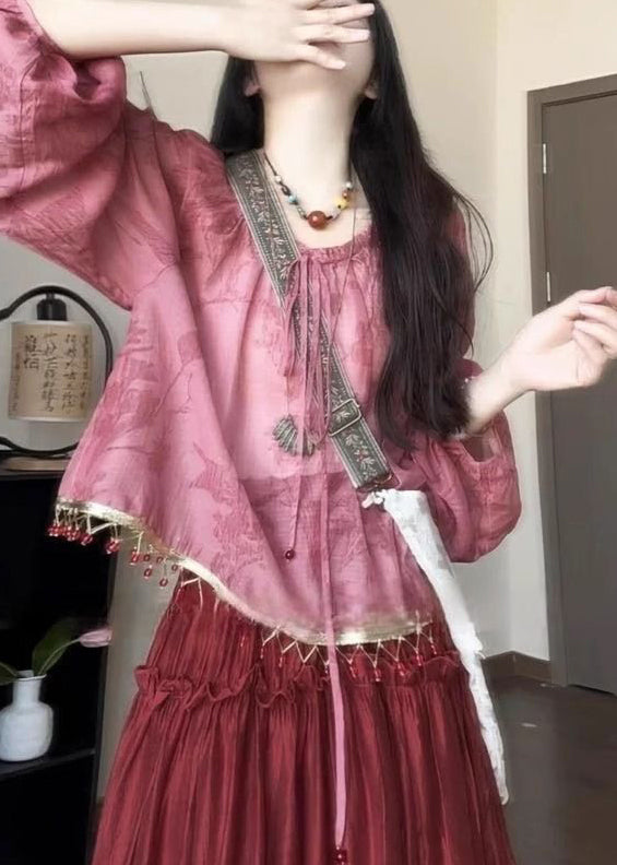 Pink Loose Lace Up Shirt Fall Tasseled Cotton