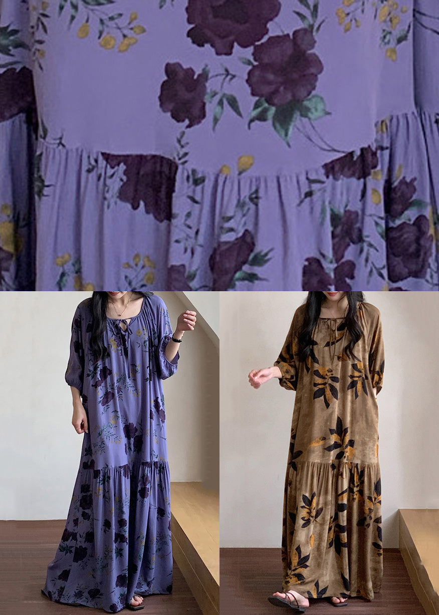 Summer Cotton Print Dresses Neck Purple Loose Wrinkled O Pajamas