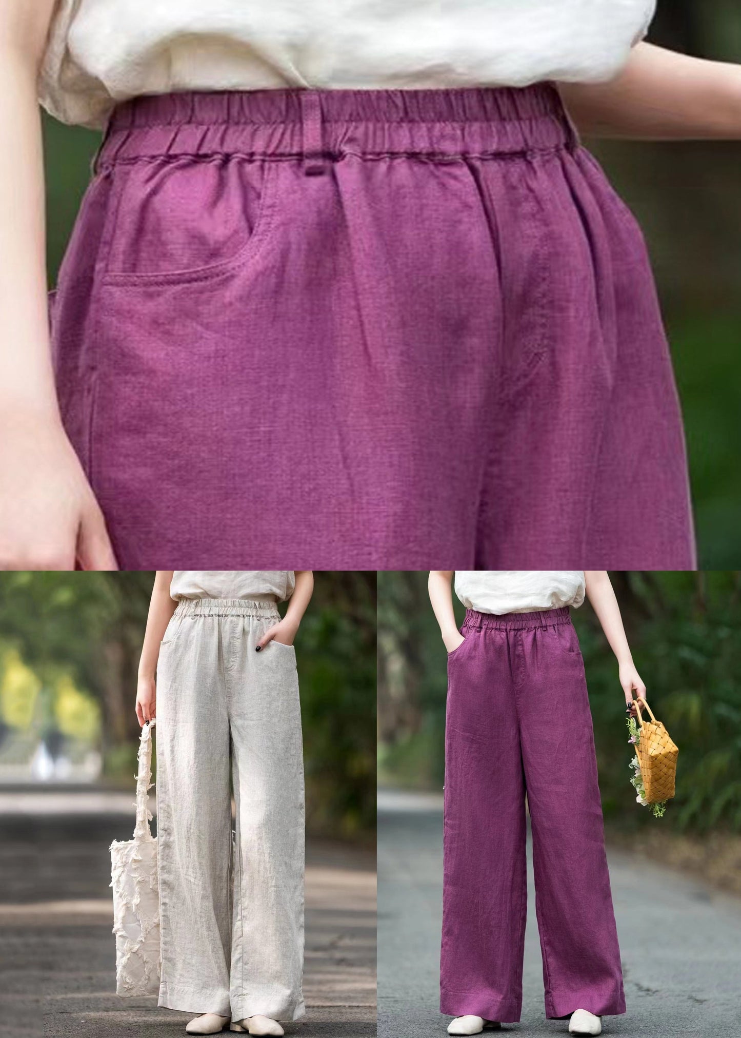 Pants Loose Pockets Solid Elastic Summer Waist Purple Linen