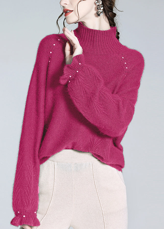 Lockerer Rollkragenpullover mit Rosen und Nagelperlen aus Kaschmir, Winter-Strickpullover WQ051