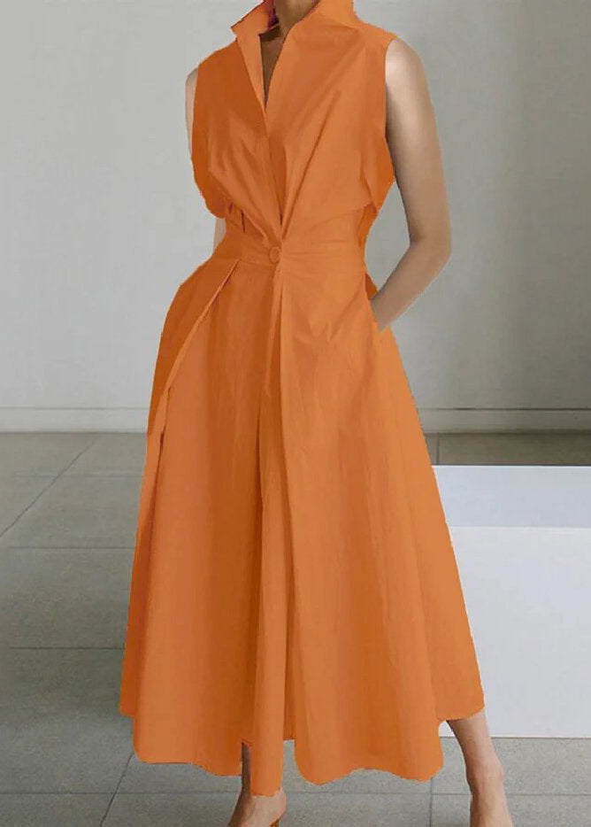 Loose Cotton Dress Pockets Long White Button Solid Sleeveless