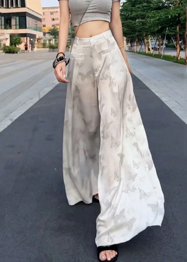 High Wide Pants Summer Silk Print White Loose Leg Waist Ice