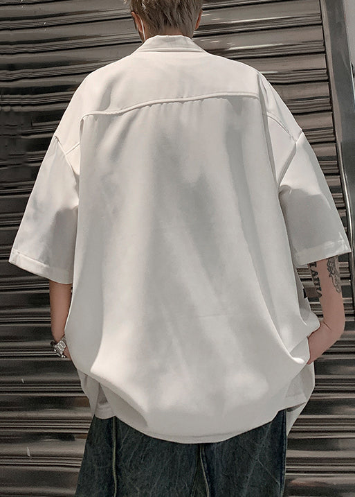 Shirt White Sleeve Up Mens Loose Letter Zip Half Cotton