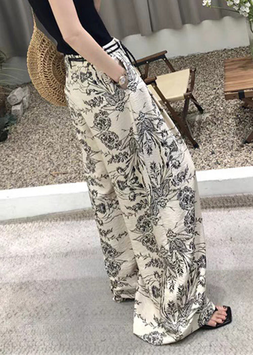 Modern Fall Leg Cotton Pockets Waist Print Wide Pants High