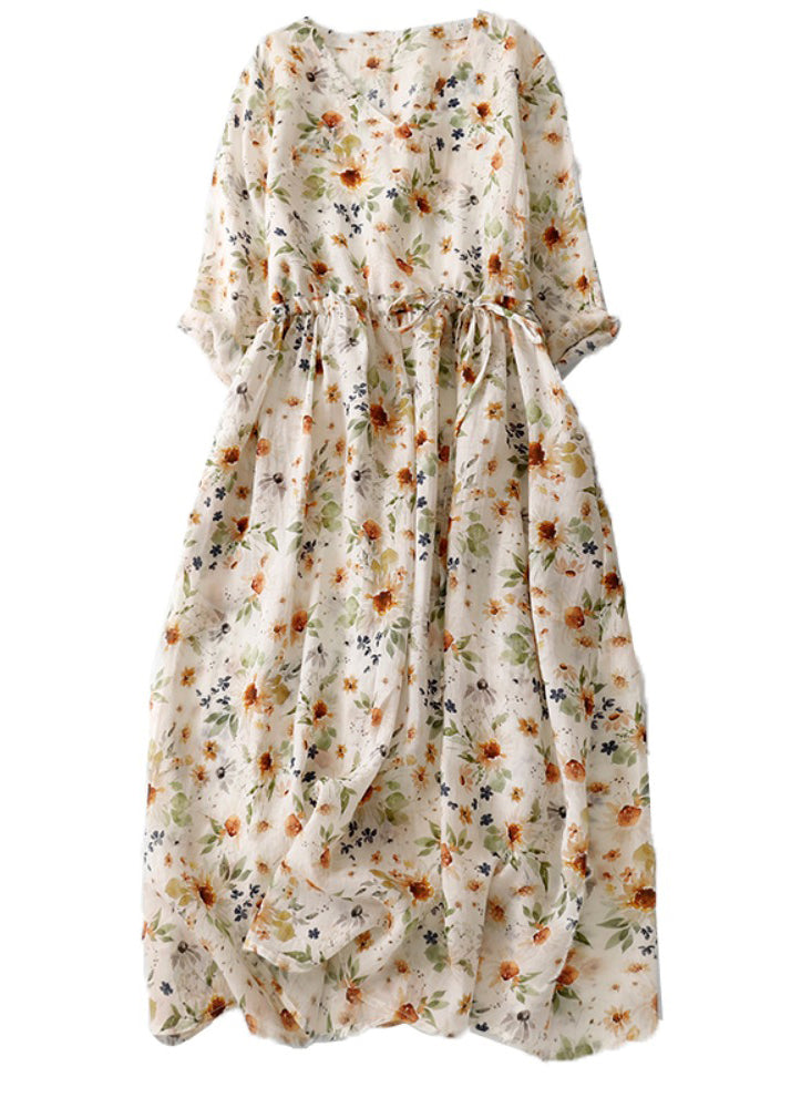 Naturgrünes, langes Baumwollkleid mit V-Ausschnitt und Kordelzug für den Sommer AM1067