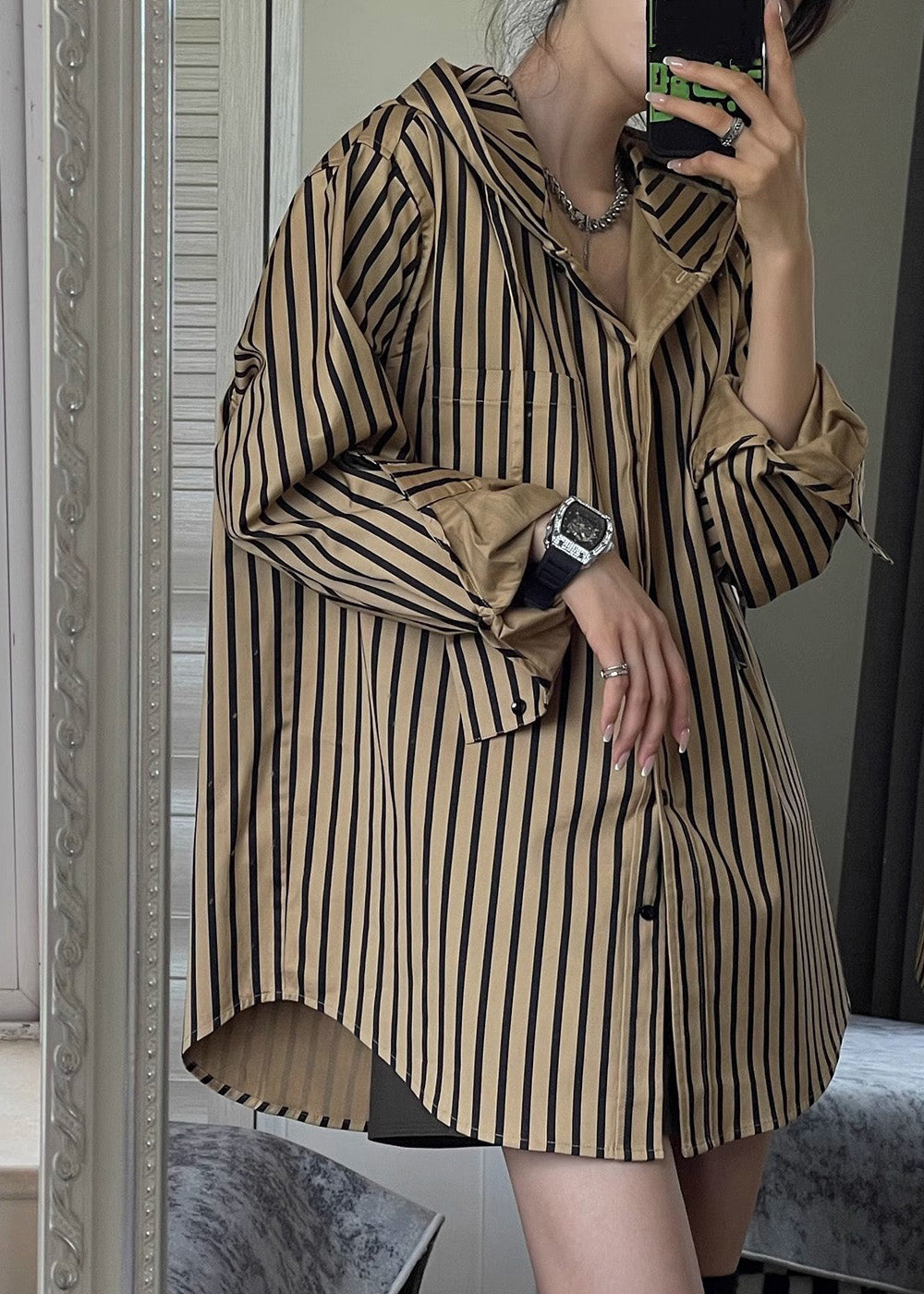 Button Natural Hooded Spring Striped Khaki Shirts