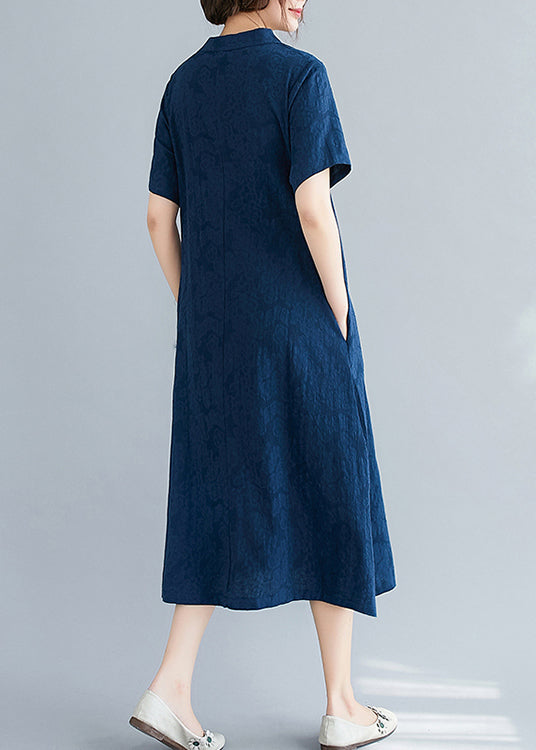Linen Embroidered Summer Mid Navy Jacquard Dresses