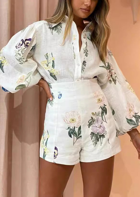 Ensemble deux pièces en lin imprimé beige à col Peter Pan et manches longues FF070