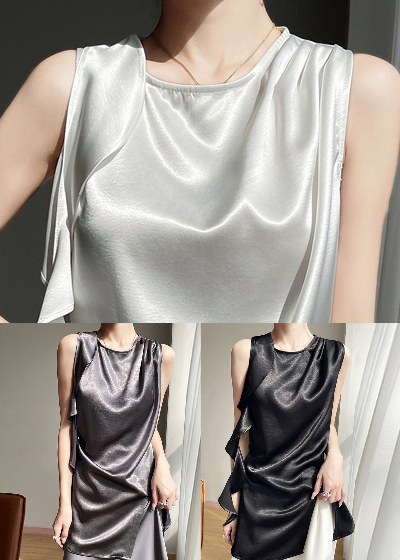 Black Tanks Summer Solid New Asymmetrical Silk