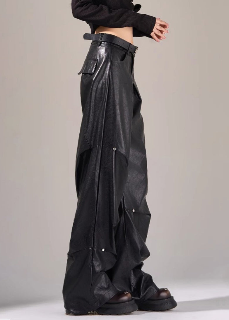 Neue schwarze Taschen faltig hohe Taille Kunstleder Hose Herbst WP051
