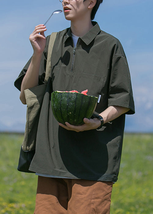 Pockets Black Zip Solid Shirt Men Polo Cotton New Summer Up