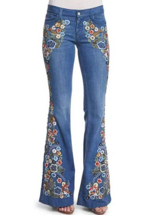 New Spring Waist Blue Denim Trousers Flared High Embroidered