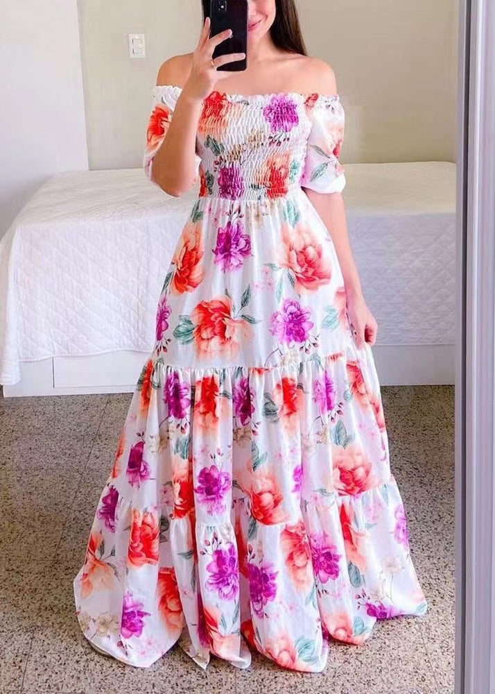 New Blue Ruffled Print Cotton Long Dress Summer WW1061