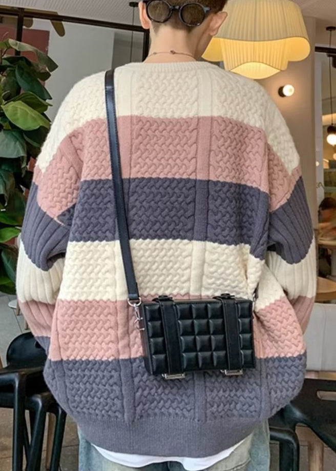 Neuer blau gestreifter gemütlicher Patchwork-Strickpullover für Männer im Herbst QH031