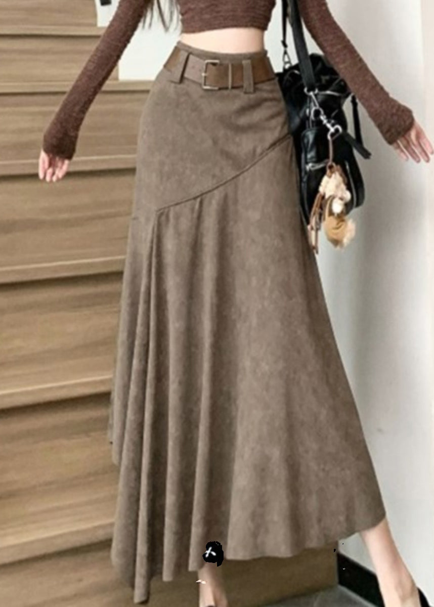 New Line Summer Coffee Asymmetrical A Skirts Wrinkled